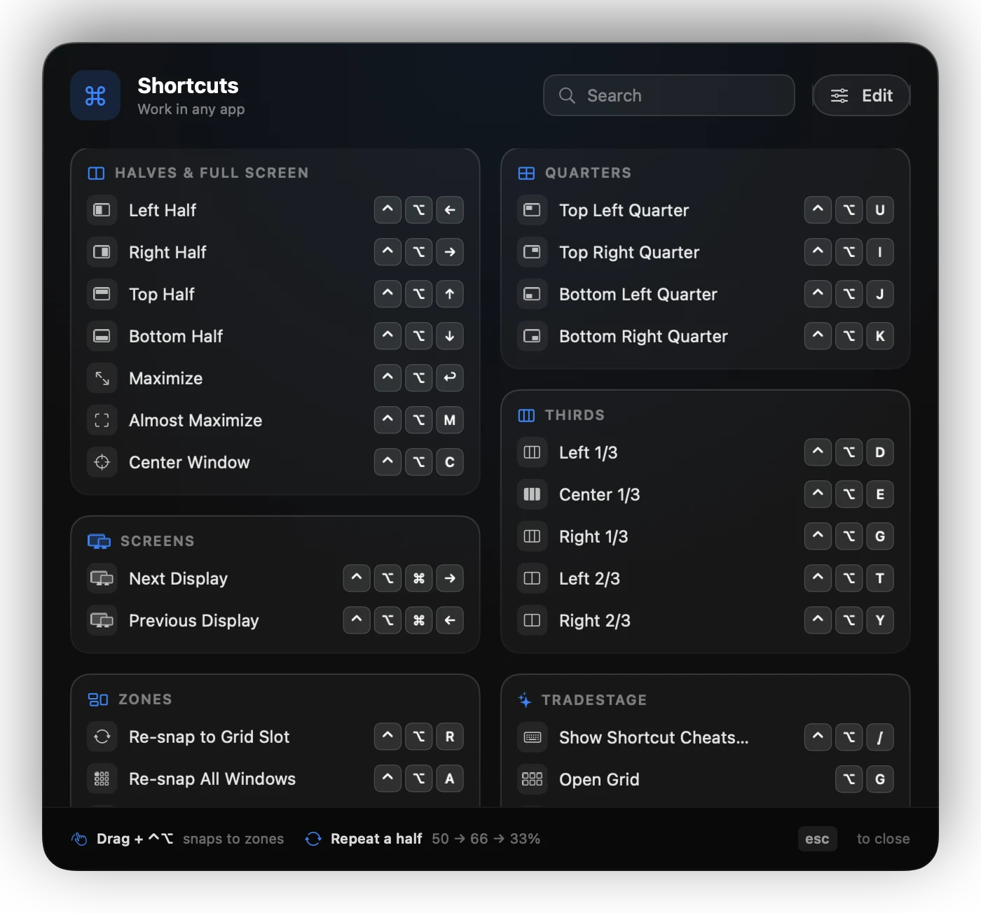 The TradeStage shortcut cheatsheet listing halves, quarters, thirds and screen shortcuts with their keys.